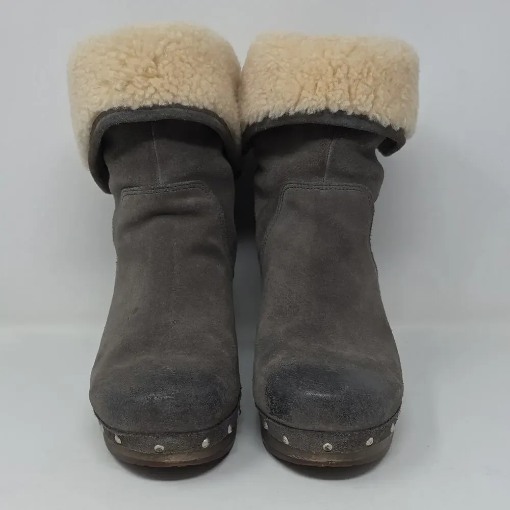 UGG Lynnea Fold Over Brown Leather Shearling Cuff Clog Boot 3204 Size 7